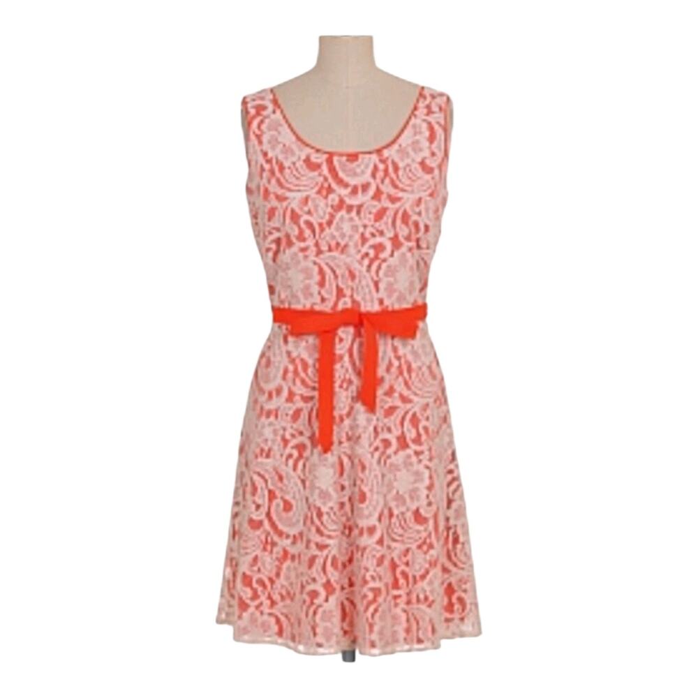 Sandra Darren Womens Size 6 Orange Cream Lace Fit Flare Dress Belted Sleeveless